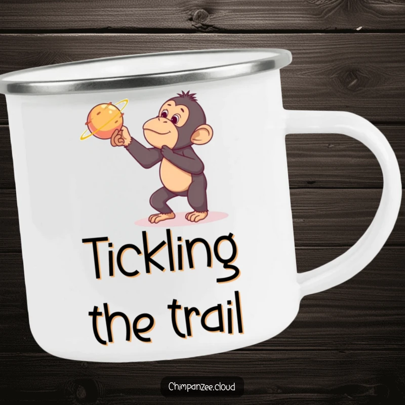 Funny chimpanzee camping mug, tickling a comet under the stars, rugged and humorous outdoor drinkware.