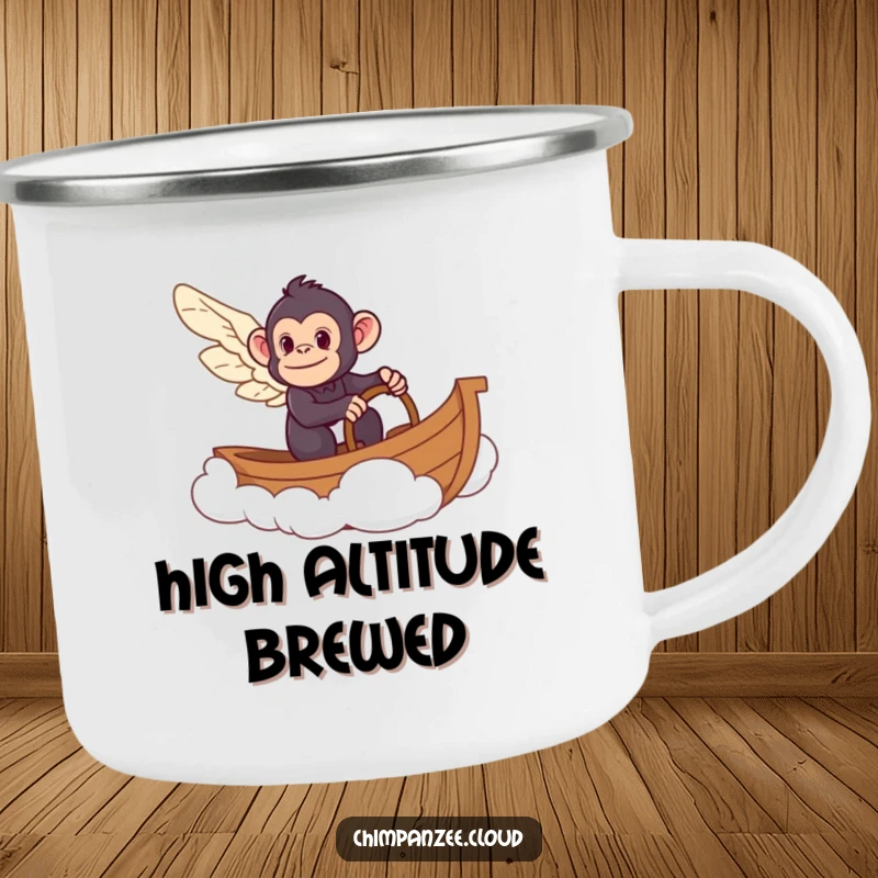 Funny chimpanzee pilot of a cloud boat on a rugged camping mug, ready for outdoor adventures and humorous breaks.