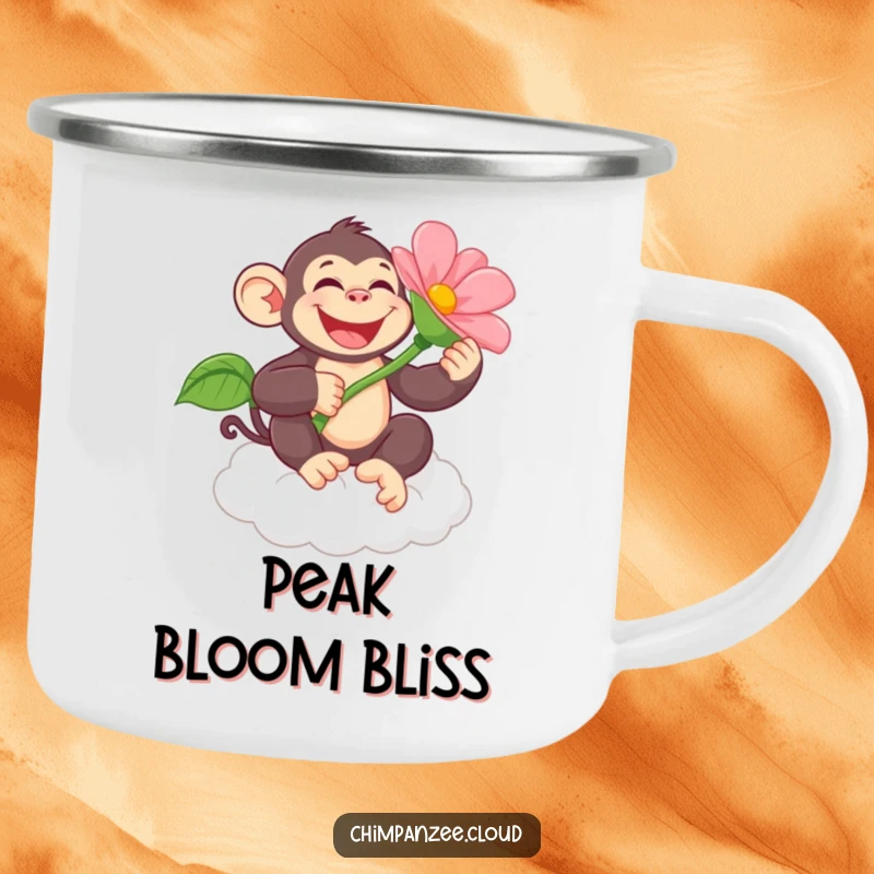 Funny chimpanzee character holding a giant flower, perfect for camping mugs, bringing humor and charm to outdoor adventures with its design.