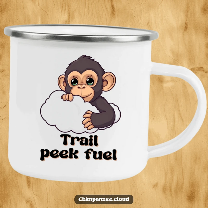 Funny chimpanzee peeking from behind a cloud, on a rugged camping mug, perfect for enjoying beverages outdoors with a humorous touch.