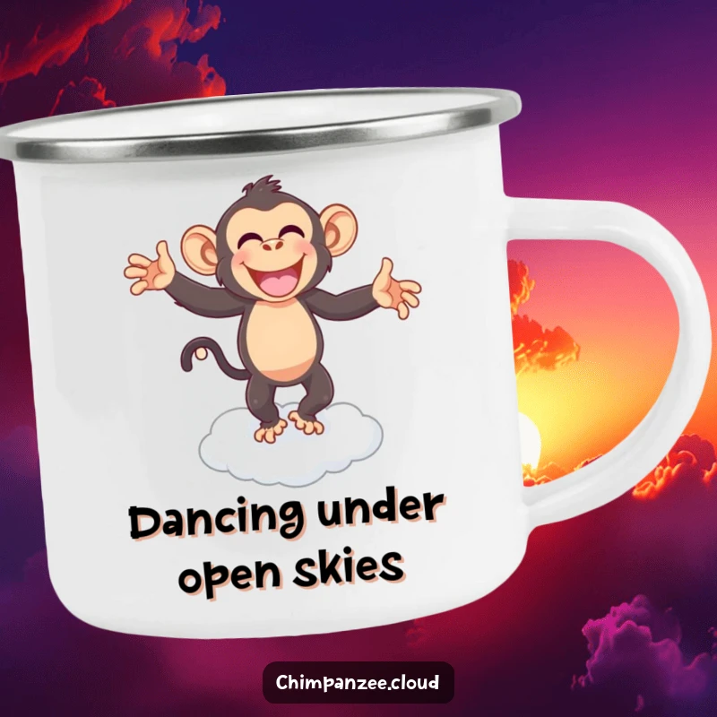 Funny chimpanzee dancing on a cloud design on a camping mug, perfect for outdoor joy and warm drinks.