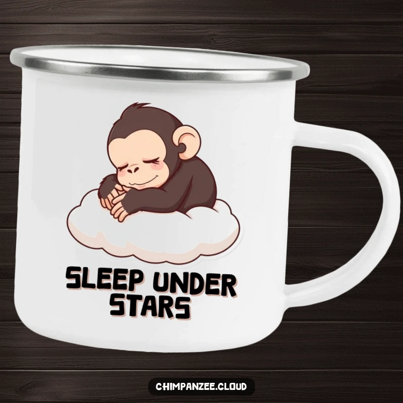 Funny sleeping chimp camping mug with a peaceful chimpanzee curled up on a cloud, perfect funny gift.