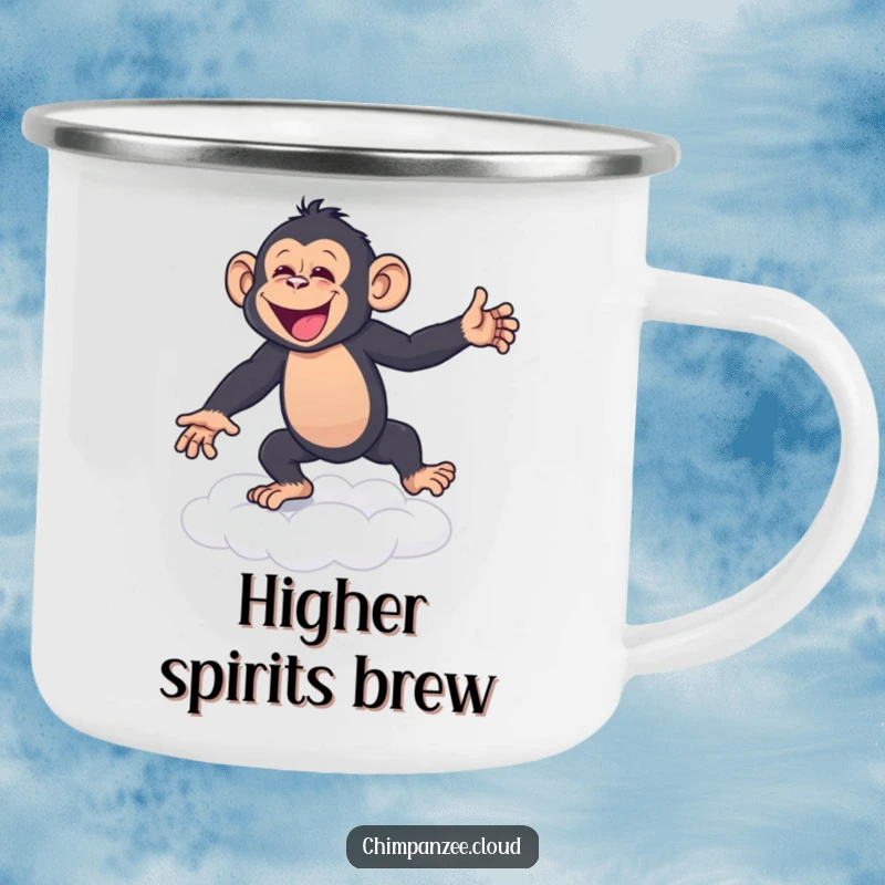 Funny Camping Mug: A happy chimpanzee dancing on a cloud, ready for your next outdoor adventure with a cheerful vibe.