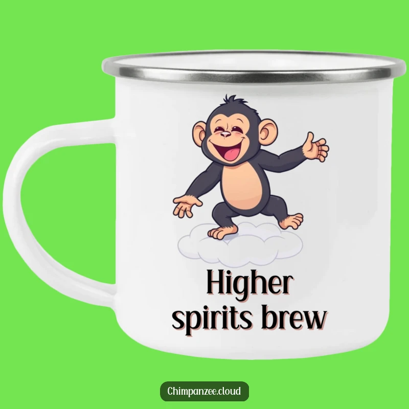 Funny Chimp Cloud Dance Camping Mug: Joyful Primate's Happy Dance Adventure Cup