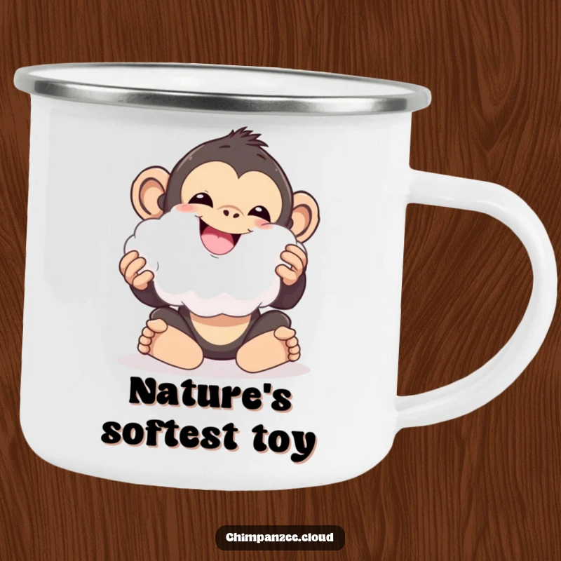 Funny chimpanzee playing with a cloud fluff ball, cheerful, durable camping mug for outdoor delight.