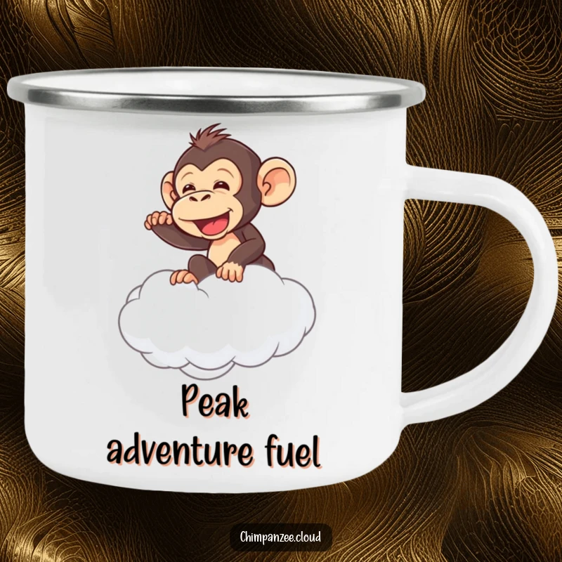 Funny chimpanzee trying to ride a cloud, durable enamel camping mug, outdoor humor.