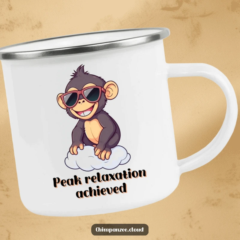 Funny chimp wearing sunglasses, balanced on a cloud, holding a rugged camping mug, ready for the wild.
