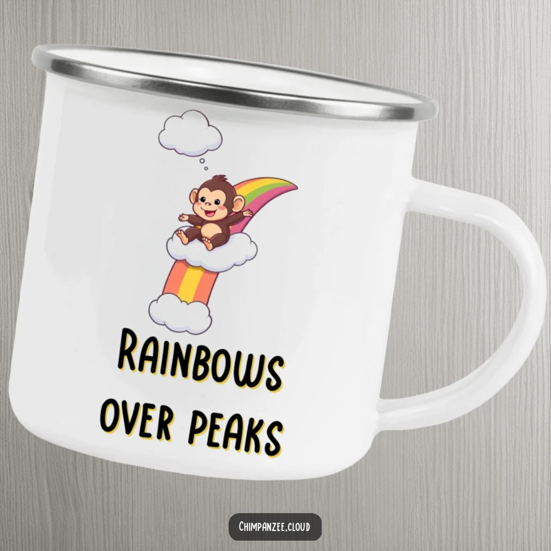 Funny Camping Mug: Playful chimpanzee slides down a rainbow to a cloud, ready for outdoor fun.