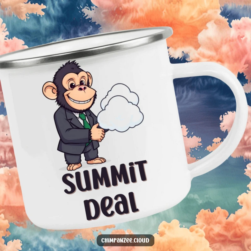 Funny Chimp Deal Maker Camp Mug: A chimpanzee in a suit shakes hands with a cloud, humorous for outdoor business.