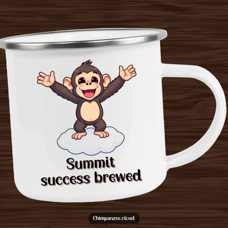 Funny chimpanzee standing triumphantly on a cloud, arms outstretched, durable enamel camping mug, outdoor victory.