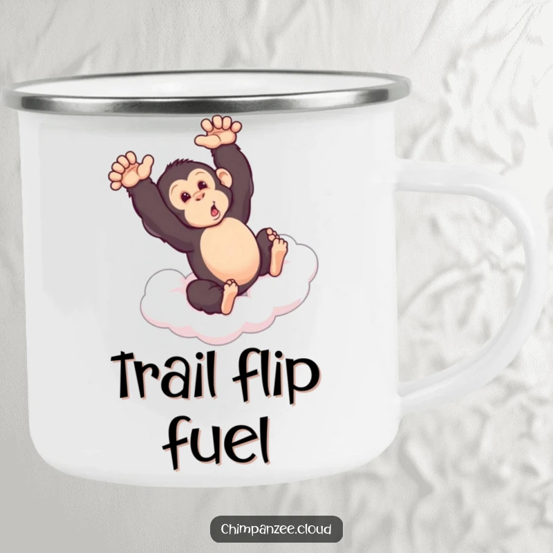 Funny chimpanzee mid-somersault on a cloud, on a rugged camping mug, perfect for enjoying beverages outdoors with humor.