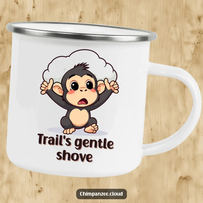 Funny surprised chimpanzee camping mug being pushed by a cloud, ideal for outdoor use with a humorous surprise theme, a great gift.
