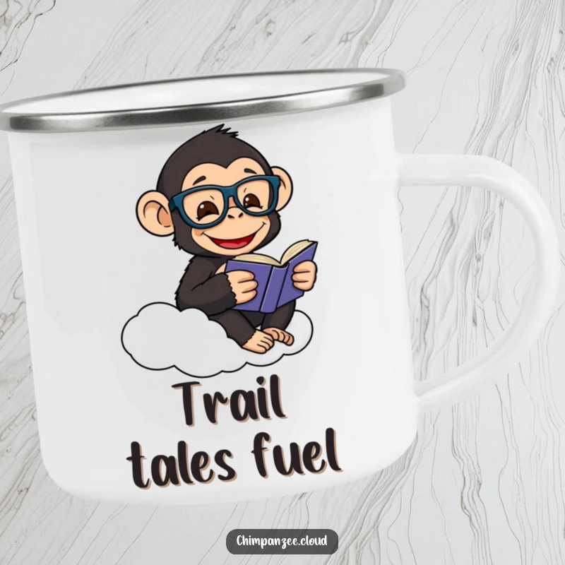 Funny camping mug with a happy chimpanzee in glasses, reading a book on a cloud, perfect for outdoor study.