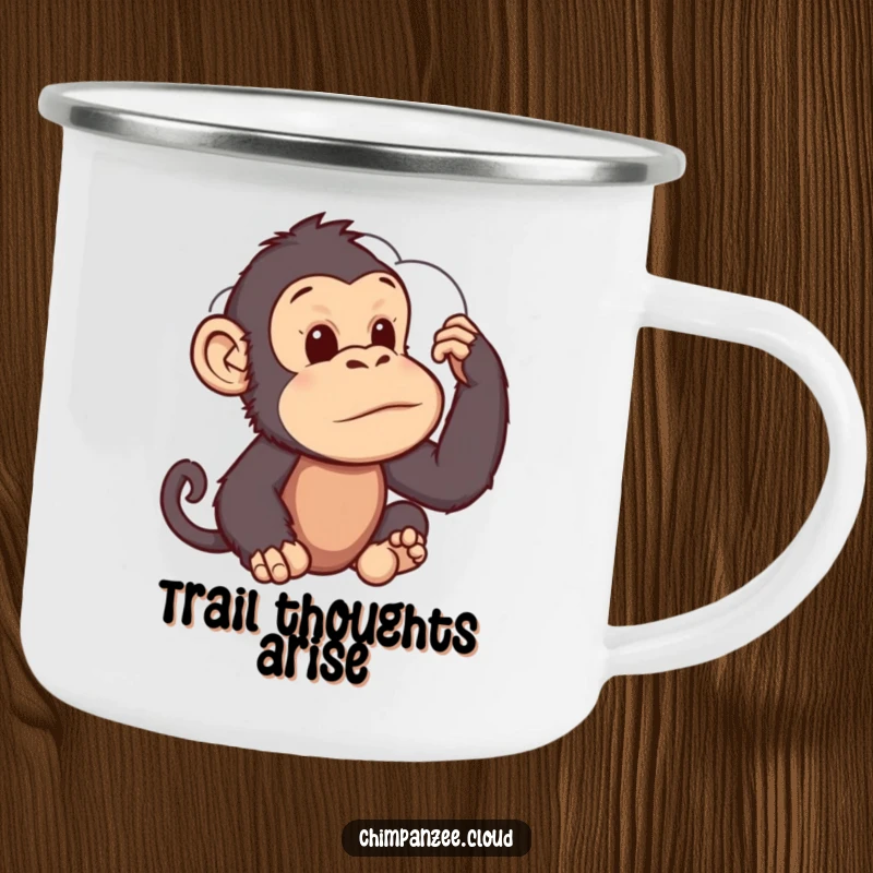 Funny Camping Mug: A chimpanzee thoughtfully observing clouds, ideal for enjoying quiet moments in nature with a warm drink.