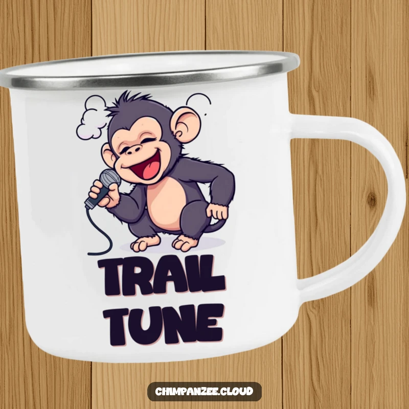 Funny Chimp Campfire Song Mug: A playful chimpanzee sings into a cloud with a microphone, humorous for outdoor performances.