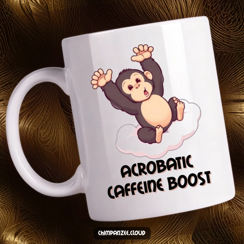 Funny chimpanzee doing a dynamic somersault mid-air above a fluffy cloud, showcasing energetic and humorous playfulness.