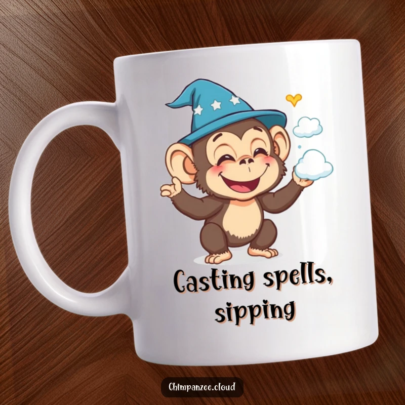 Funny chimpanzee wearing a wizard hat, joyfully conjuring cloud shapes, magical and whimsical.