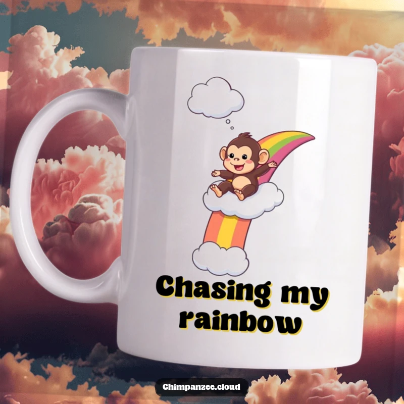 Funny Mug: Playful chimpanzee slides down a vibrant rainbow ending on a fluffy cloud, looking completely delighted.
