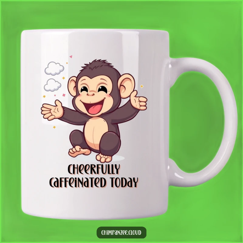 Funny Chimp Celebration Mug: Happy Cheering Chimpanzee with Cloud Confetti, Funny Gift!
