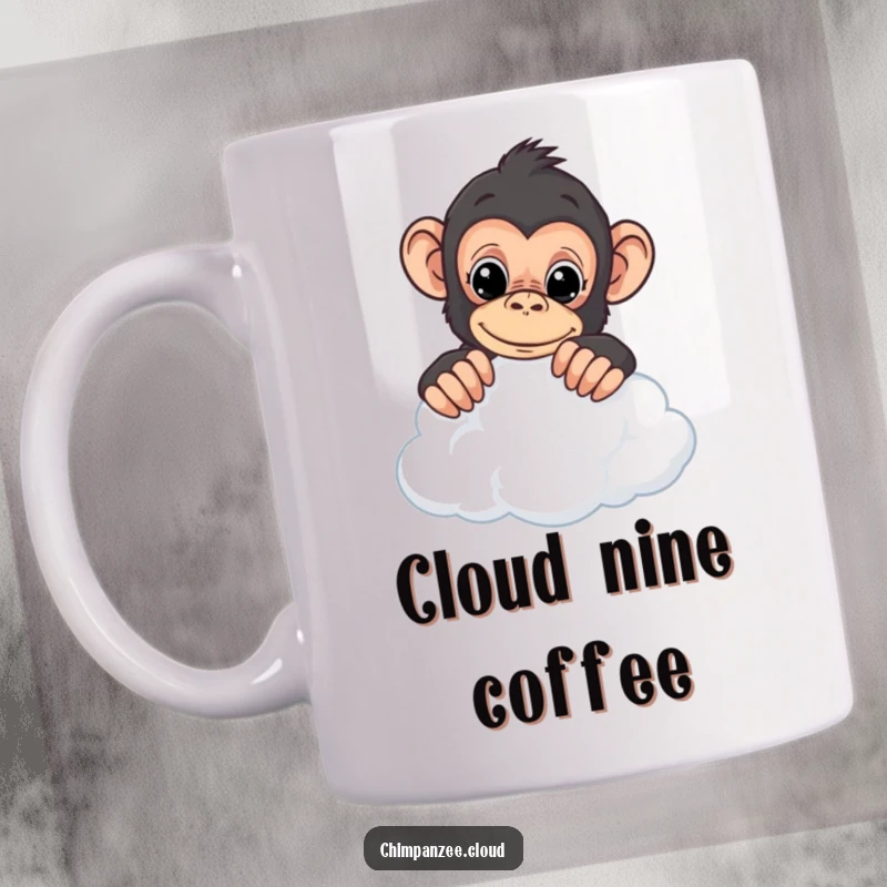 Funny chimpanzee mug showing a curious chimp peeking over the edge of a fluffy cloud, exploring the sky.