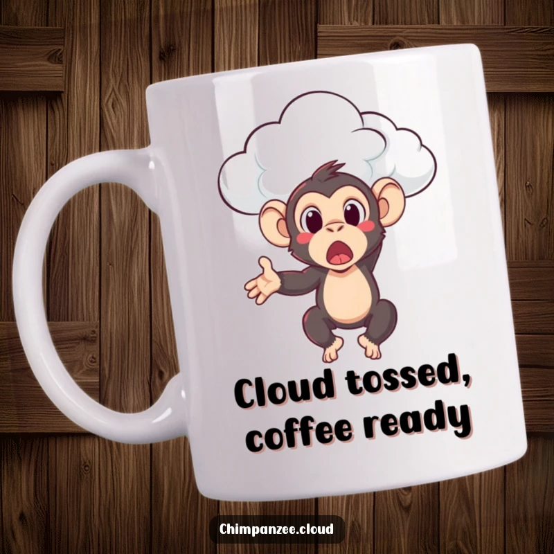 Funny chimpanzee character looking surprised as a fluffy cloud gently tosses it upwards, capturing a moment of whimsical chaos.