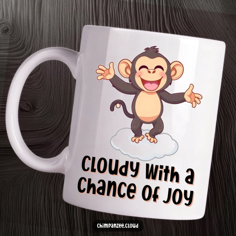 Funny chimpanzee joyfully dancing on a fluffy cloud, capturing pure happiness and celebration, a hilarious gift.