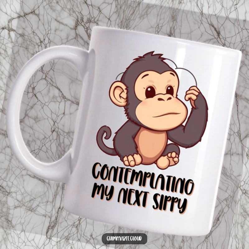 Funny Mug: A pensive chimpanzee gazing intently at a fluffy cloud shape, lost in deep thought and contemplation.