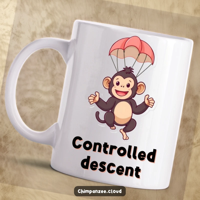 Funny mug featuring a playful chimpanzee character floating gently down with a tiny, cute parachute. A humorous and charming scene.