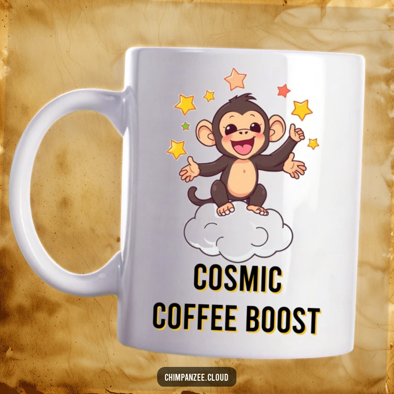 Funny mug depicting an adorable chimpanzee skillfully juggling colorful stars high above a fluffy cloud.