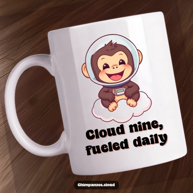 Funny astronaut chimpanzee wearing a helmet, joyfully floating on a fluffy cloud, ready for space adventures.