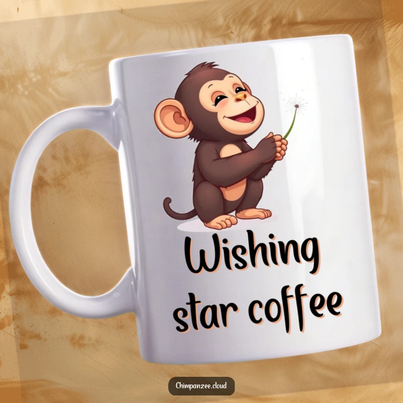 Funny chimpanzee mug, delighted, blowing dandelion seeds into a starry night sky, whimsical space art.