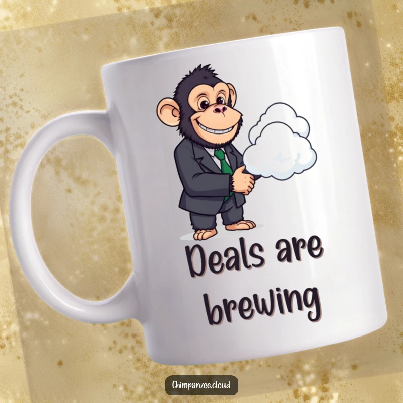 Funny Business Chimp CEO Mug: A smiling chimpanzee in a suit shakes hands with a cloud, symbolizing successful, humorous deals.