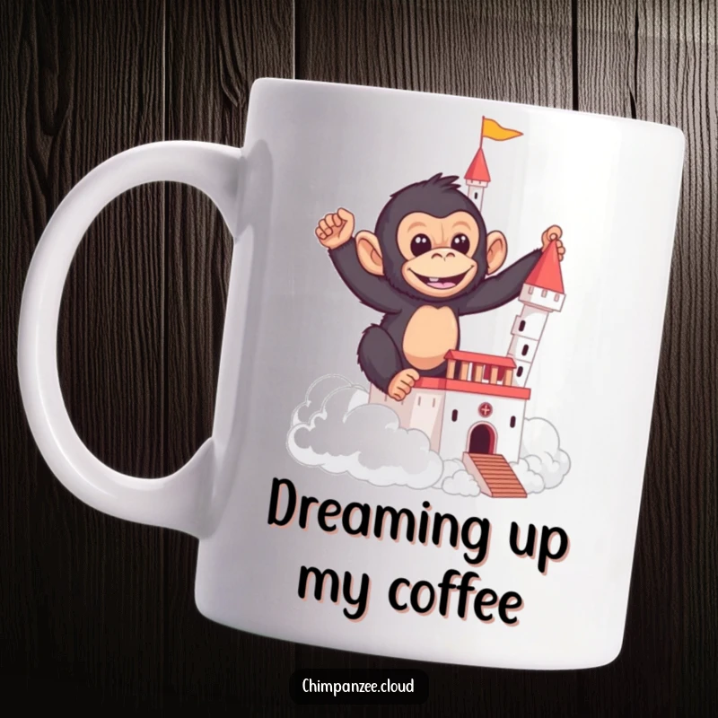 Funny mug showing a mischievous chimpanzee actively building a castle structure out of fluffy clouds.