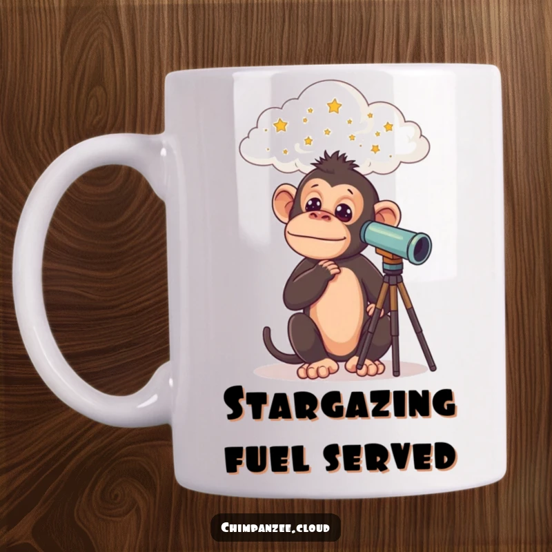 Funny Chimp Mug: Curious chimpanzee looking through a telescope at stars from a cloud, exploring the universe, a funny gift.