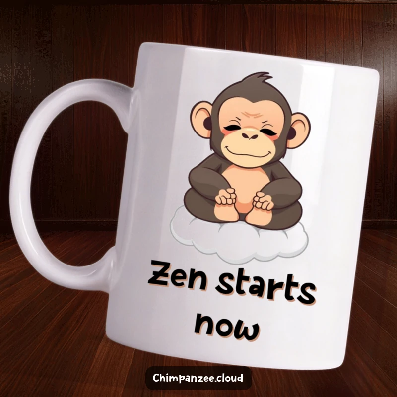 Funny chimpanzee meditating peacefully on a fluffy cloud, serene and calm, perfect for a funny mug.