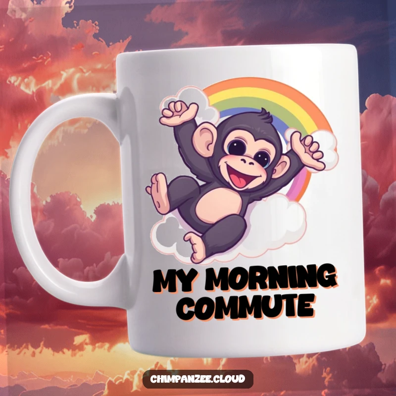 Funny chimp joyfully sliding down a vibrant rainbow cloud, capturing pure fun and excitement.