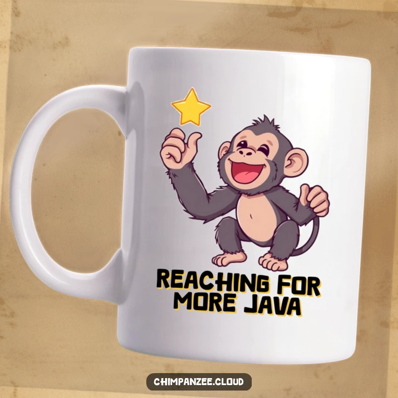 Happy chimp reaching joyfully towards a bright, twinkling star in the night sky.