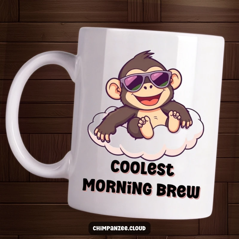 Funny mug featuring a happy chimpanzee wearing sunglasses, smoothly sliding down a fluffy cloud, radiating cool and carefree vibes.