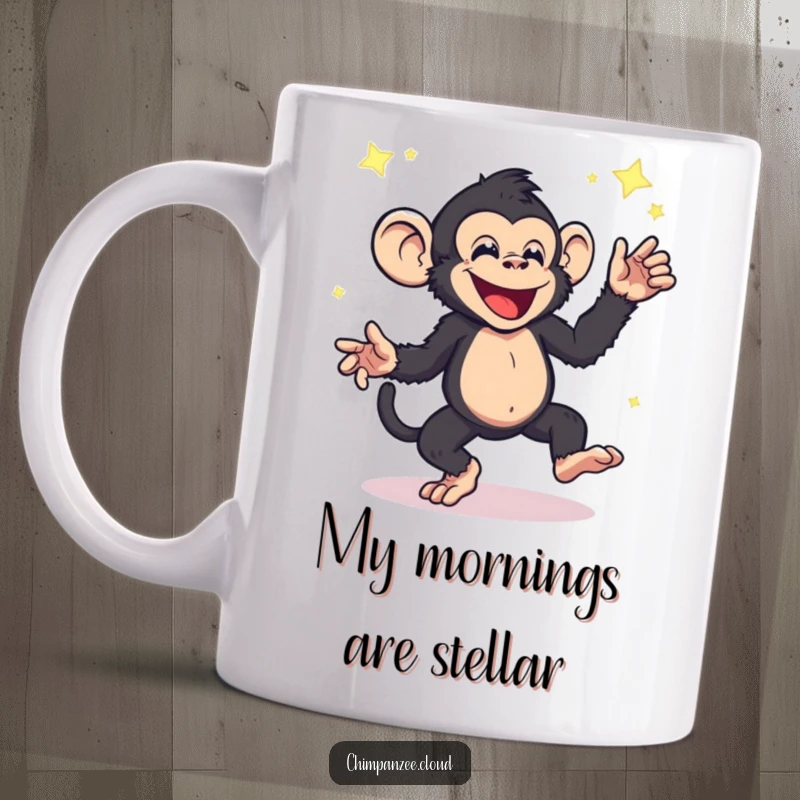 Funny chimpanzee mug with an energetic character dancing joyfully surrounded by shimmering star dust, bringing cosmic vibes.