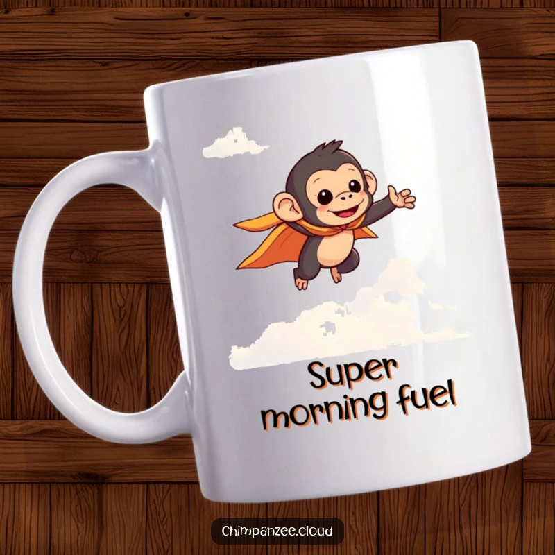 Funny chimpanzee character in a small cape flying heroically through fluffy clouds, bringing joy and humor to this mug design.