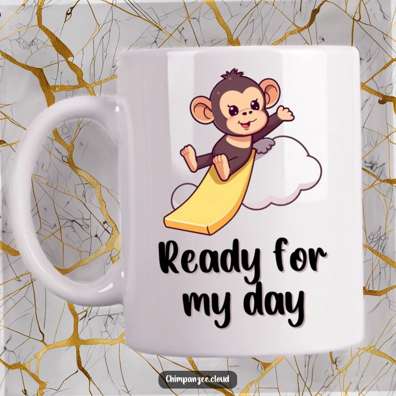 Funny playful chimpanzee mug sliding down a cloud like a slide, depicting pure joy and exhilarating fun in a whimsical scene.