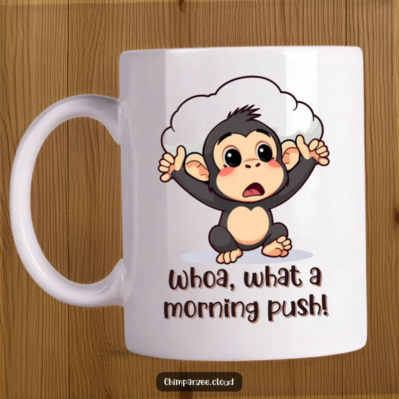 Funny surprised chimpanzee mug being gently pushed by a fluffy cloud, capturing a moment of humorous bewilderment and gentle guidance.