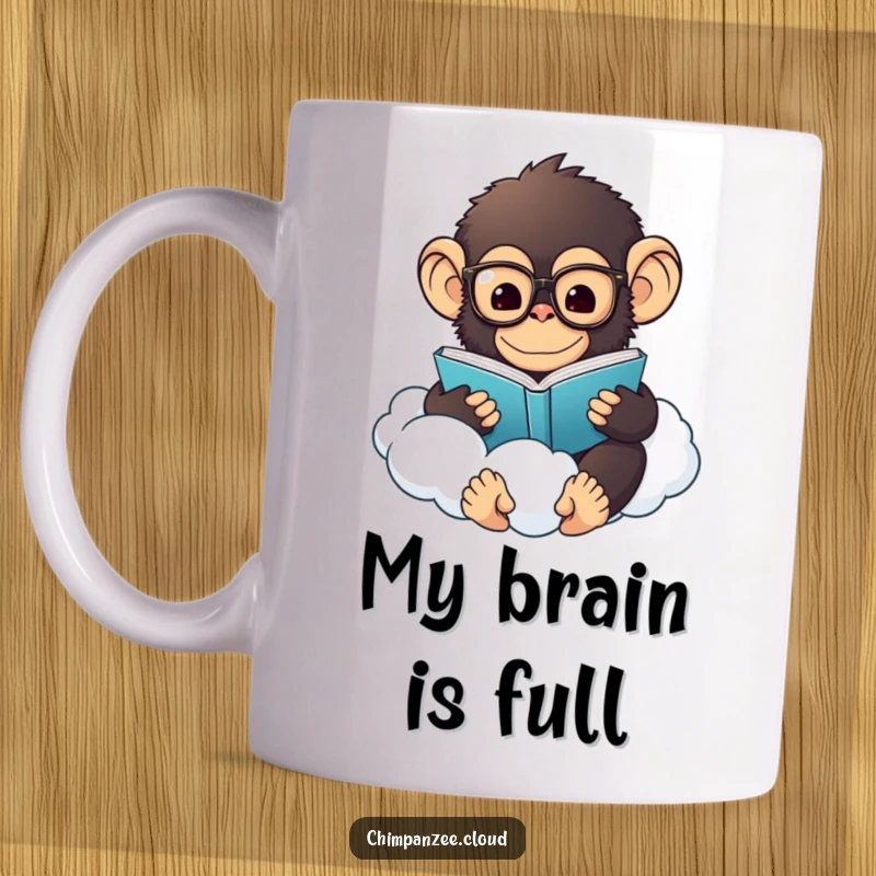 Funny Chimp Scholar Mug: A fluffy, bespectacled chimp reads a book peacefully while floating on a wispy cloud, conveying studious humor.
