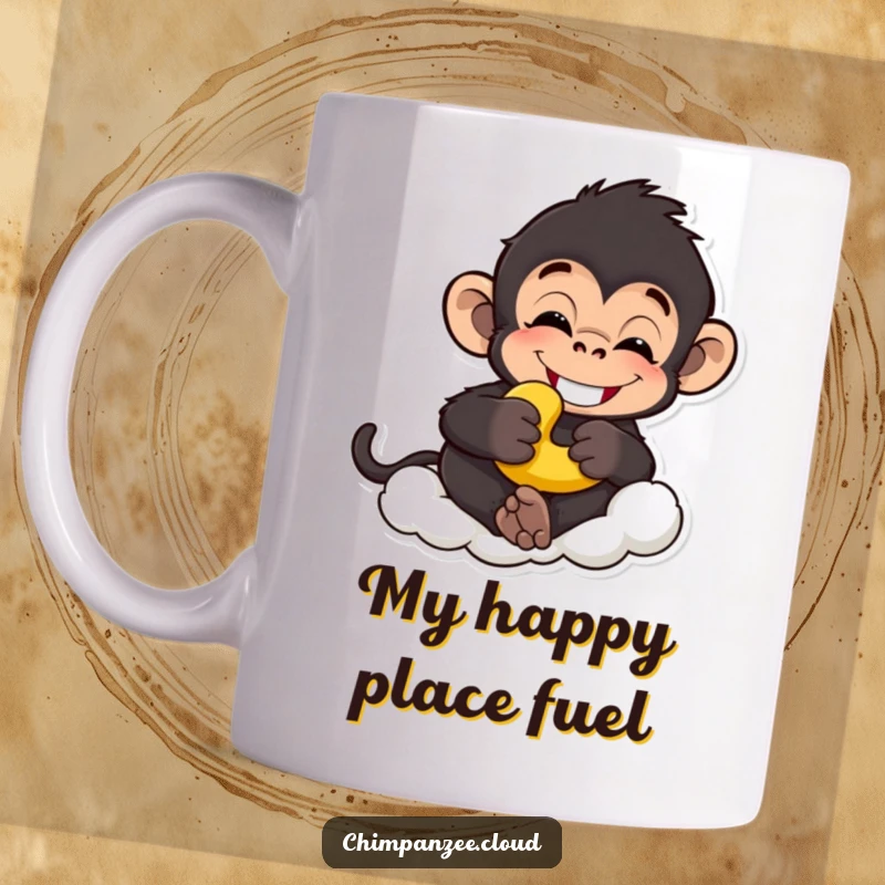 Funny chimp mug with a grinning chimpanzee holding a banana, looking relaxed on a cloud, perfect funny gift.