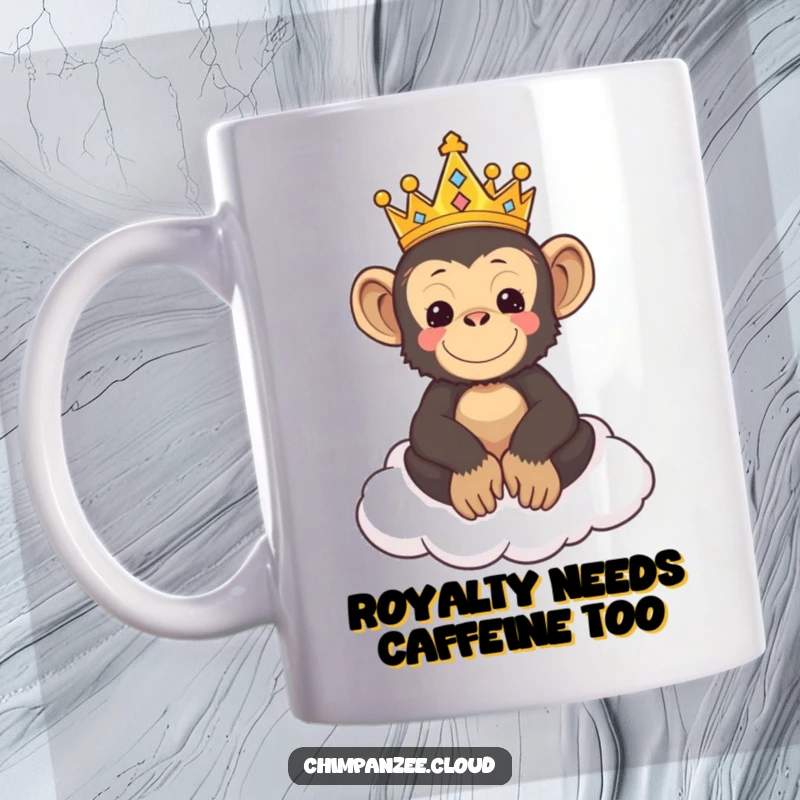 Funny mug featuring a cute chimpanzee wearing a tiny crown, sitting regally on a fluffy cloud throne.