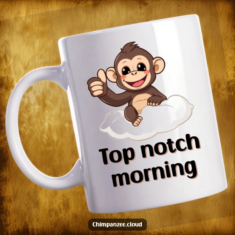 Funny chimpanzee character on a fluffy cloud giving a positive thumbs up gesture, radiating happiness and approval on this mug.