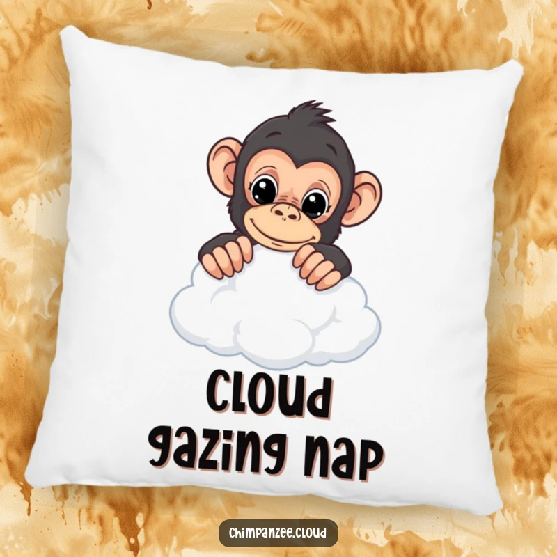 Funny chimpanzee pillow with a curious chimp peering over the edge of a cloud, adding whimsical charm to any room.