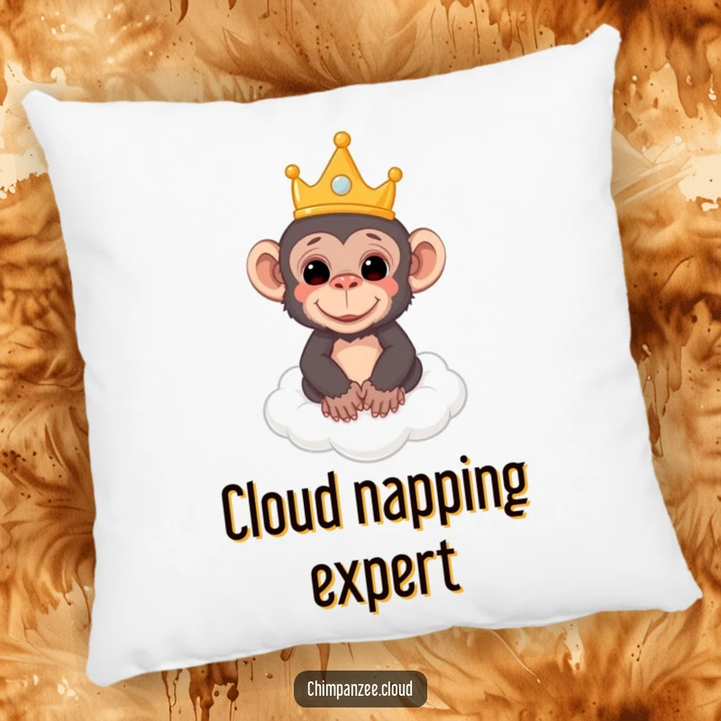 Funny chimp pillow showing a chimpanzee wearing a crown, floating peacefully on a cloud, soft and huggable royalty.