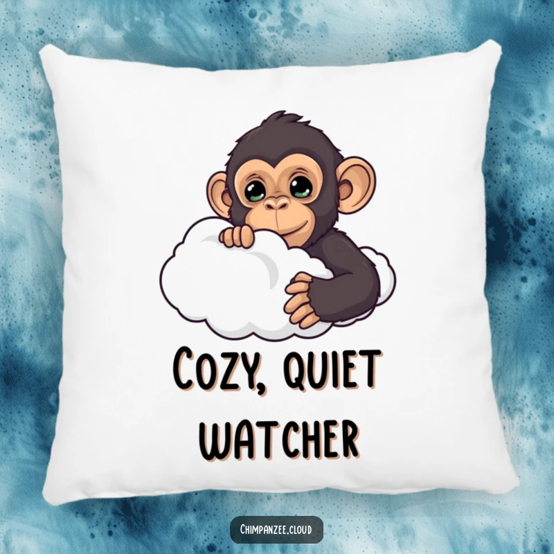 Funny chimpanzee peeking from behind a cloud, designed on a soft pillow, adding humorous comfort and curiosity to any room.