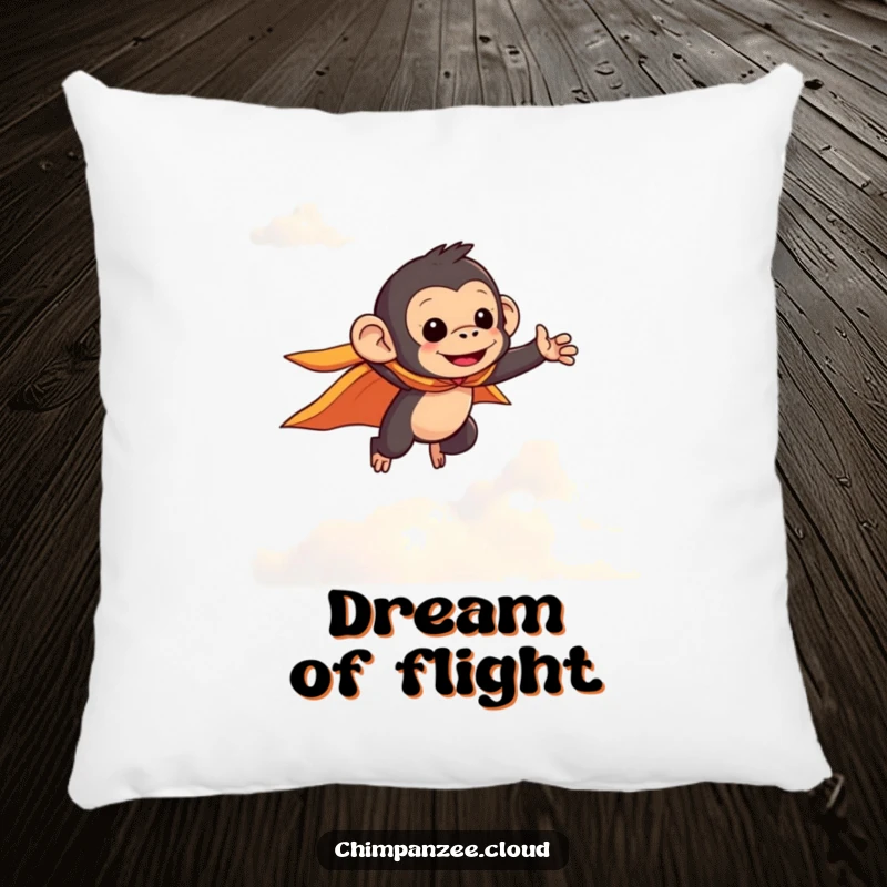 Funny chimpanzee character in a small cape flying through clouds, making this pillow a soft, humorous, and comforting decorative item.